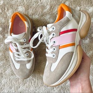 Tory Burch Sport Bubble Stripe Lace-up Sneaker Multi White Pink Tan Suede Sz 6.5